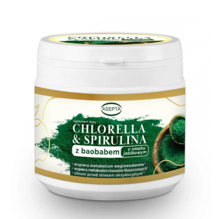 Chlorella i spirulina o smaku jabłkowym 150 g