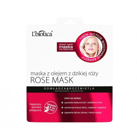 L'Biotica Rose Mask, maska z olejem z dzikiej róży na tkaninie